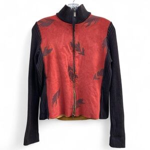 Vintage earthy lead print fleece lined knit zip jacket